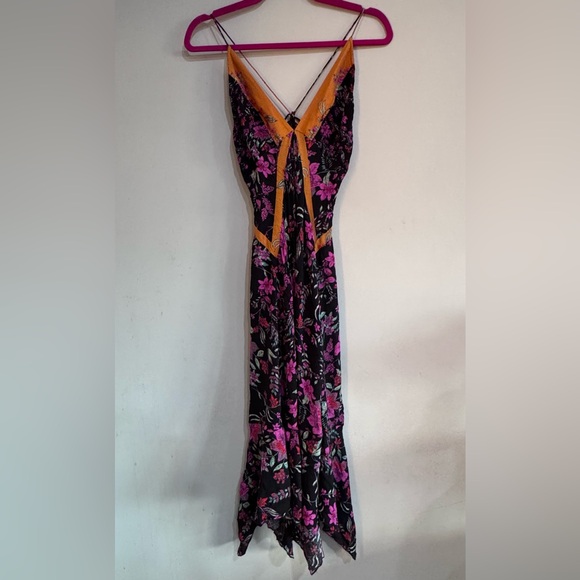 Free People Black Floral Asymmetrical Midi Dress Open Back Strappy Boho Size S - Picture 3 of 5